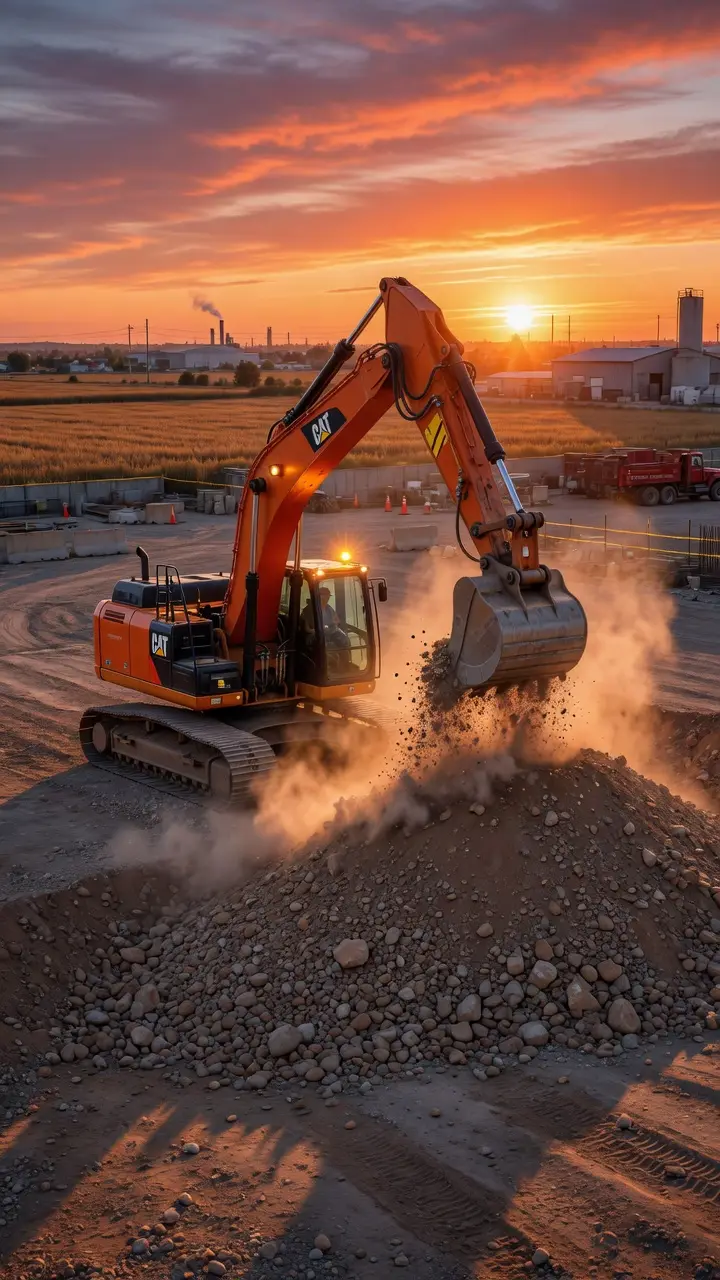 CAT excavator at sunset on site