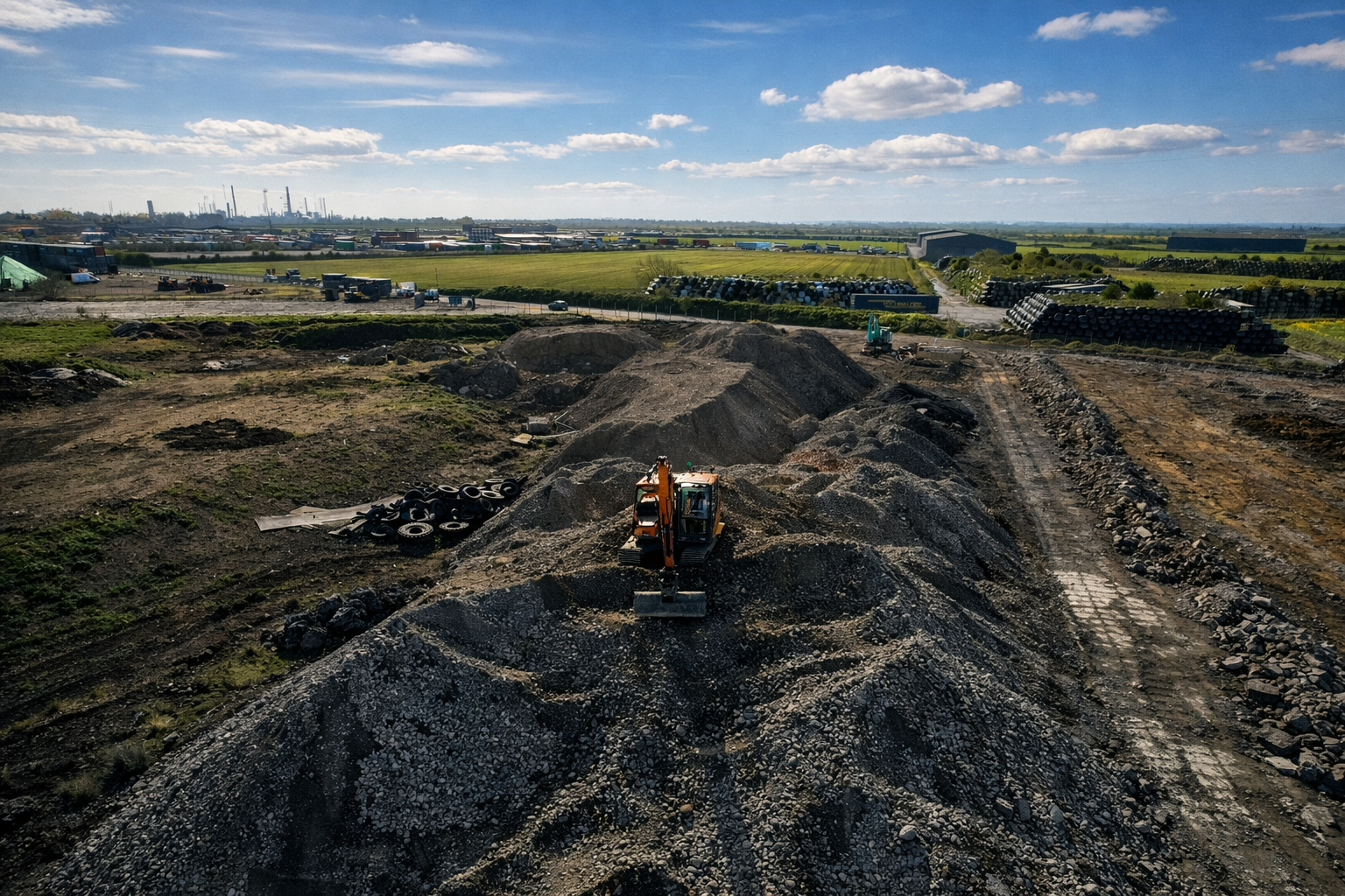 Excavator working a stockpile ridge with skyline behind