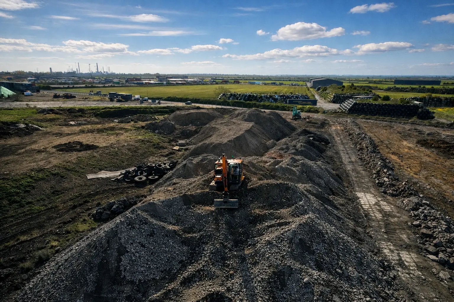 Excavator working a stockpile ridge with skyline behind