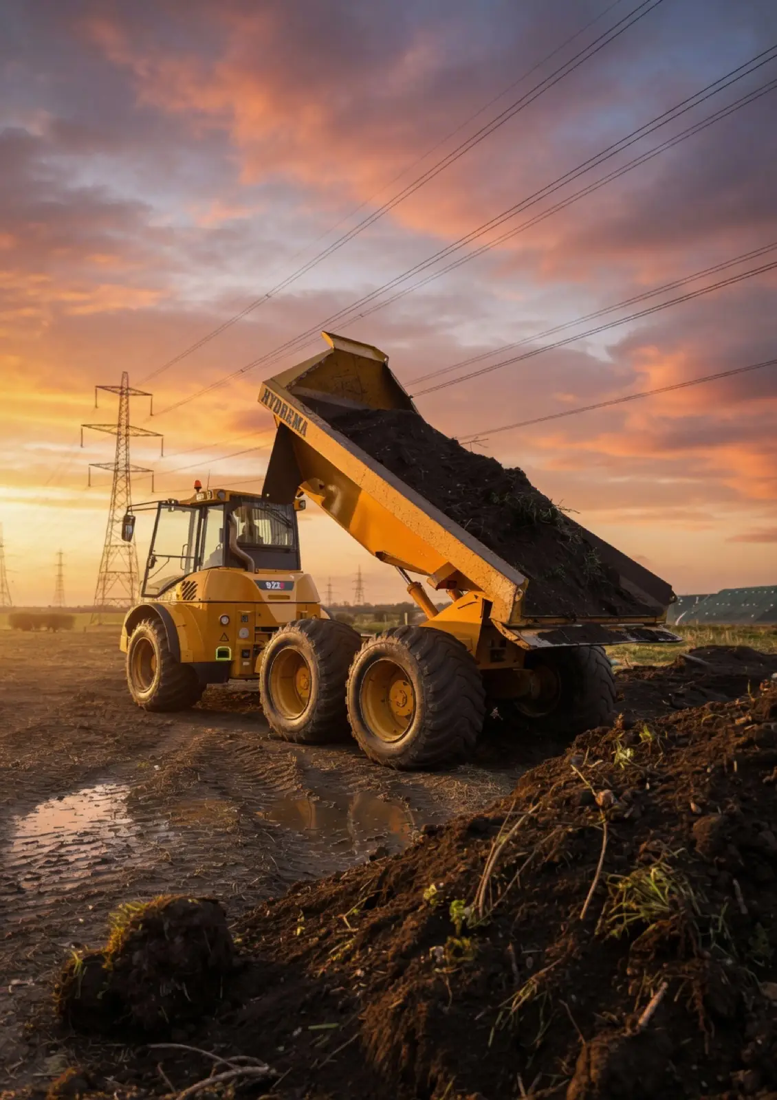 Articulated dumper tipping soil at sunset